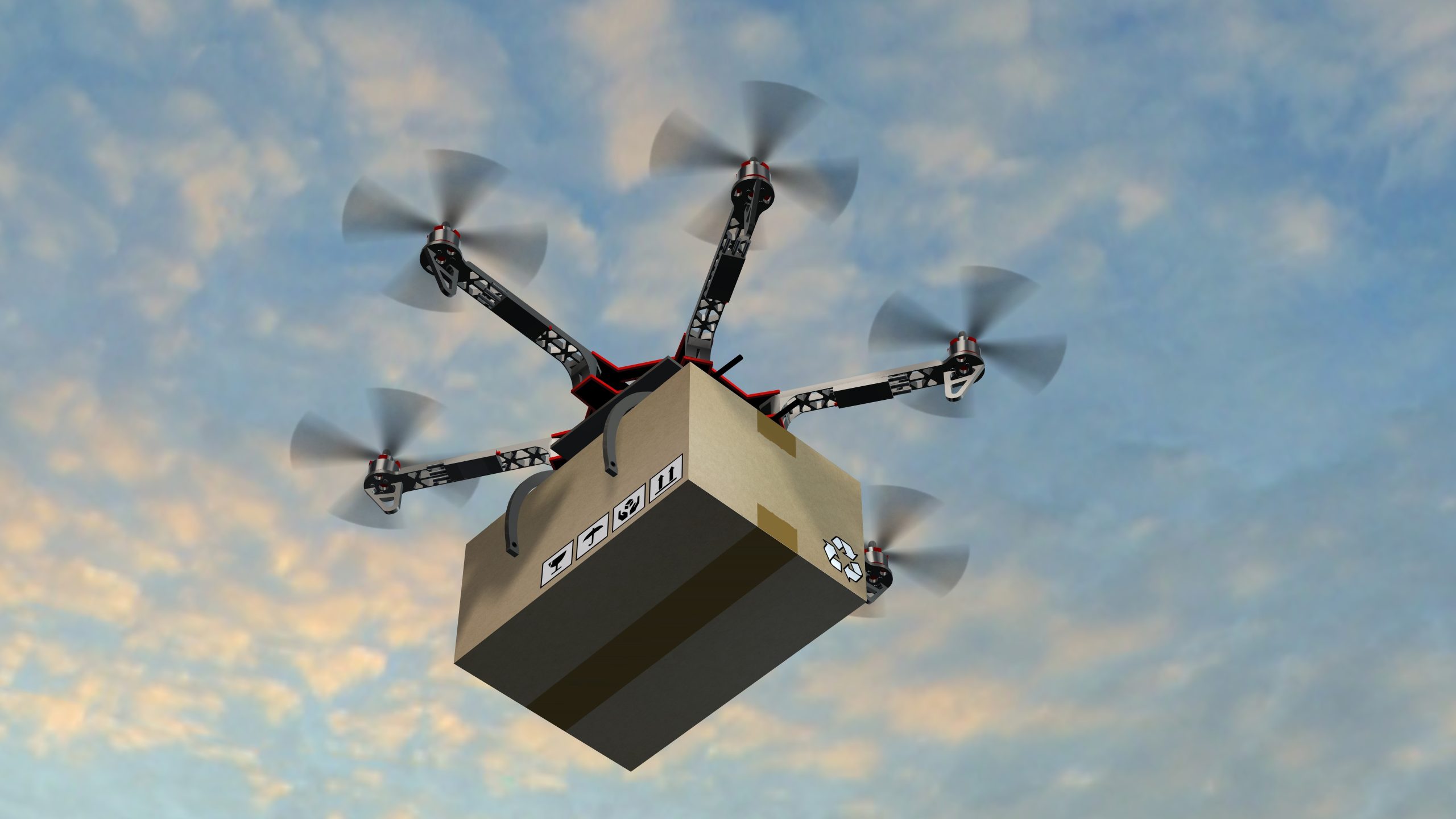 Multi-propeller drone carrying a package