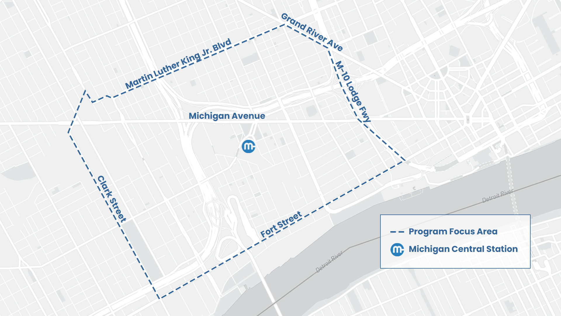 Michigan Central - Community Entrepreneurship focus area. Fort Street to Clark to MLK Blvd to Grand River to Lodge.