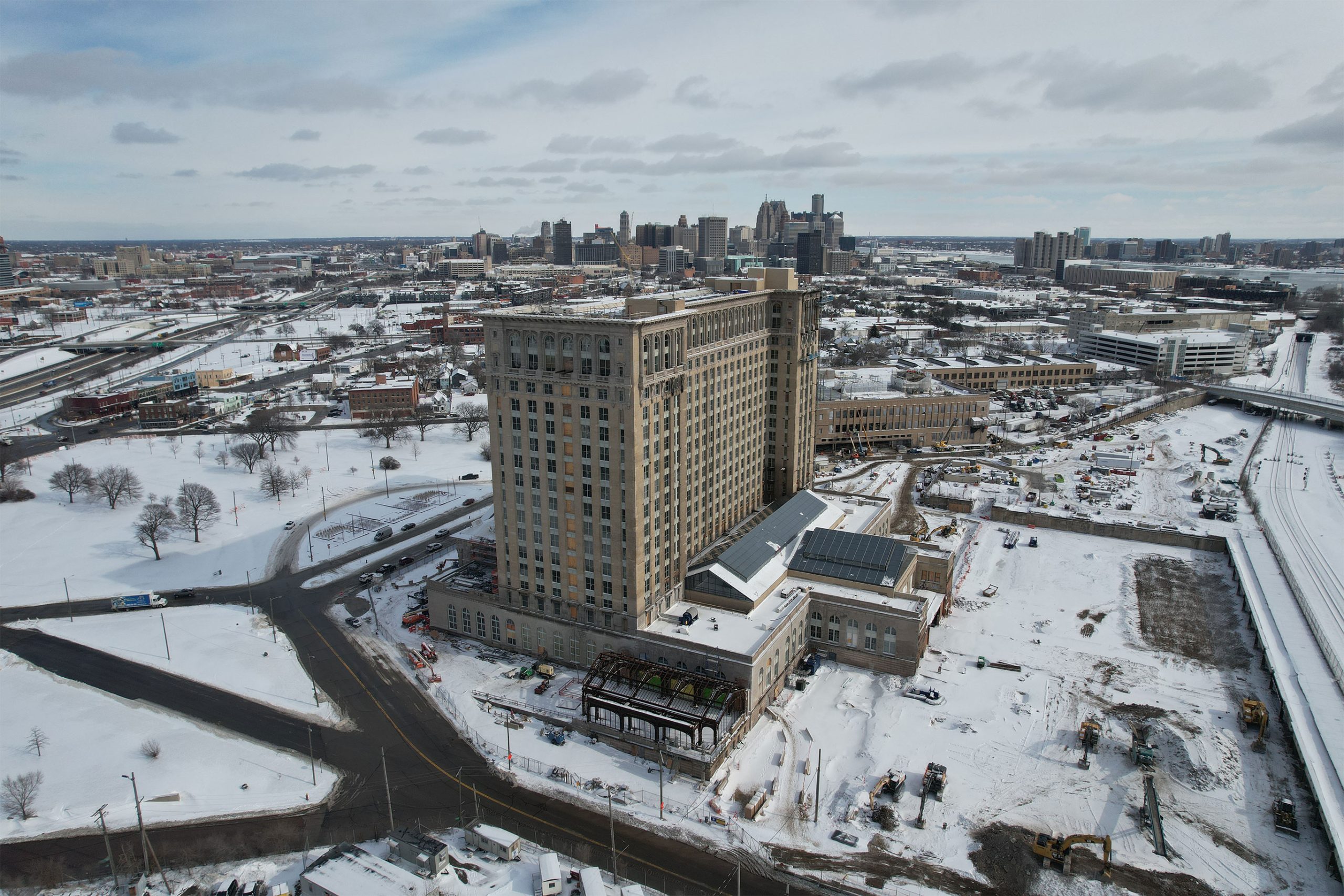 ariel view of Michigan Central Station in winter