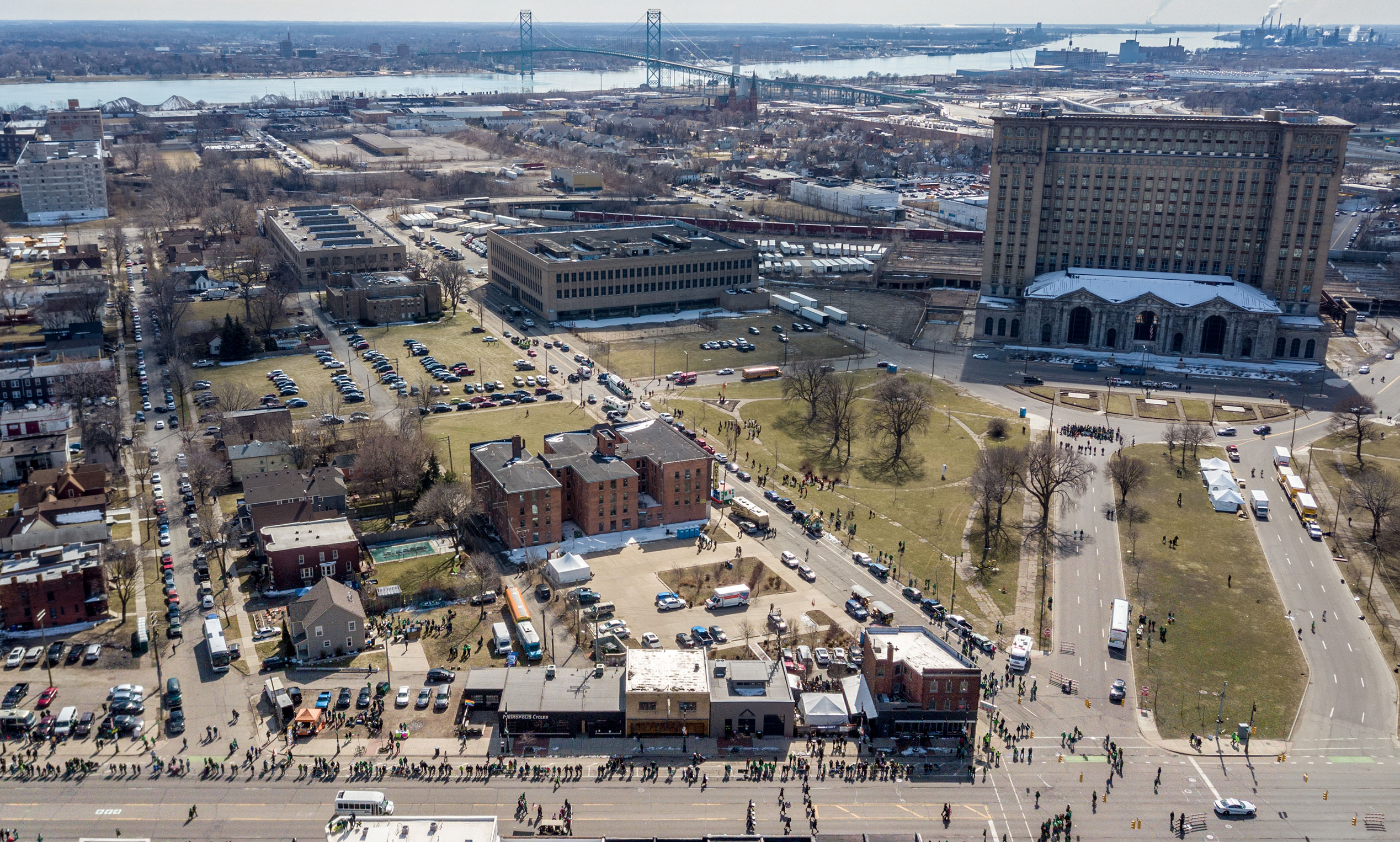 Ariel view of Corktown and Michigan Central Station during St. Patrick's Day Parade