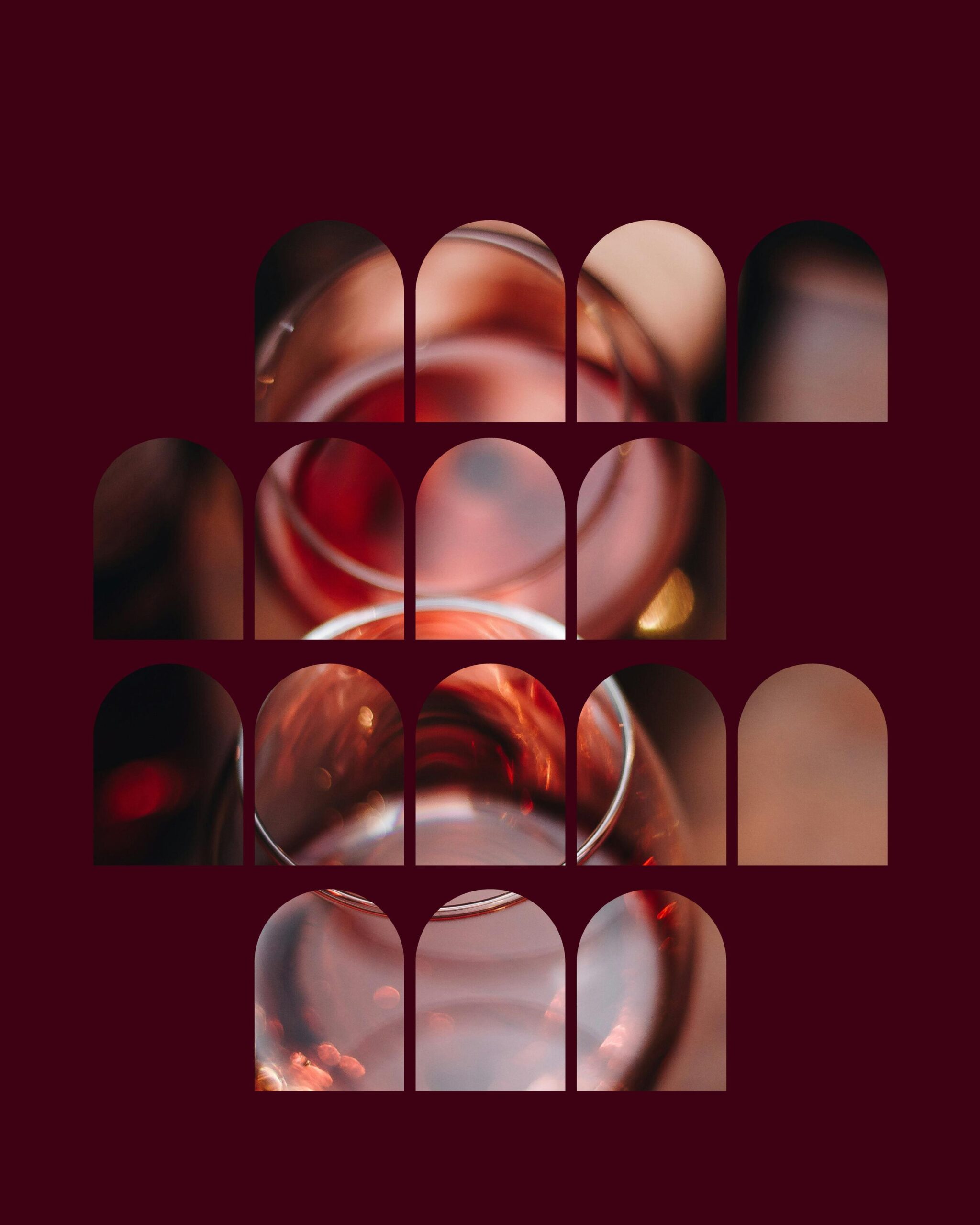 A grid of arched window-shaped panels arranged in four staggered rows against a deep burgundy background, each revealing close-up abstract photography of red wine in glass — capturing swirling reflections, glowing light refractions, and rich crimson tones.