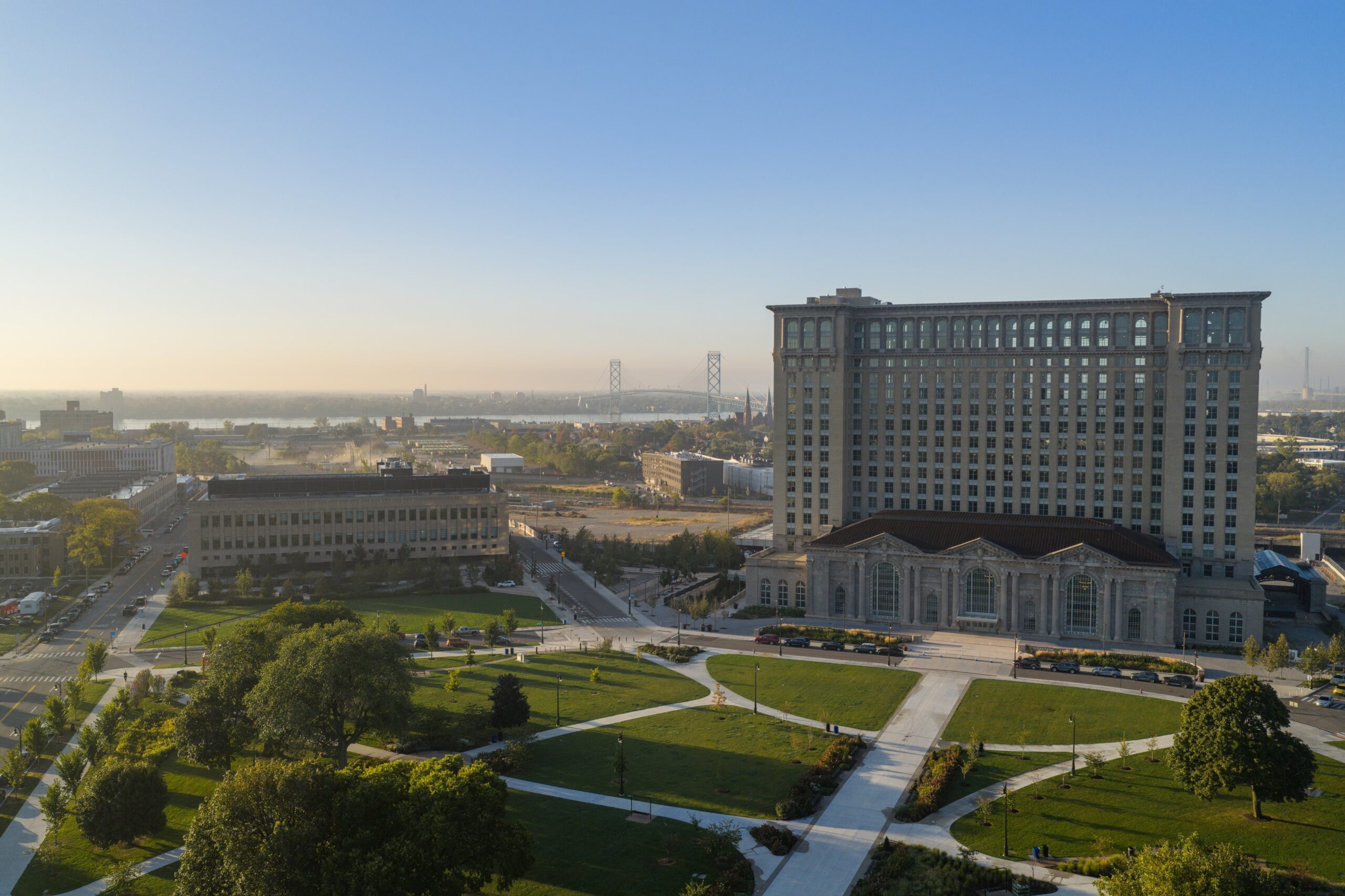 Exterior view of the Michigan Central Station building, showing its restored facade and architectural details.